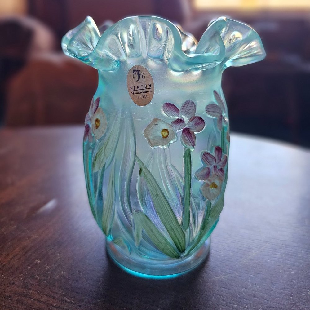 Fenton Glass Light Blue Iridescent Ruffled Rim Vase Hand